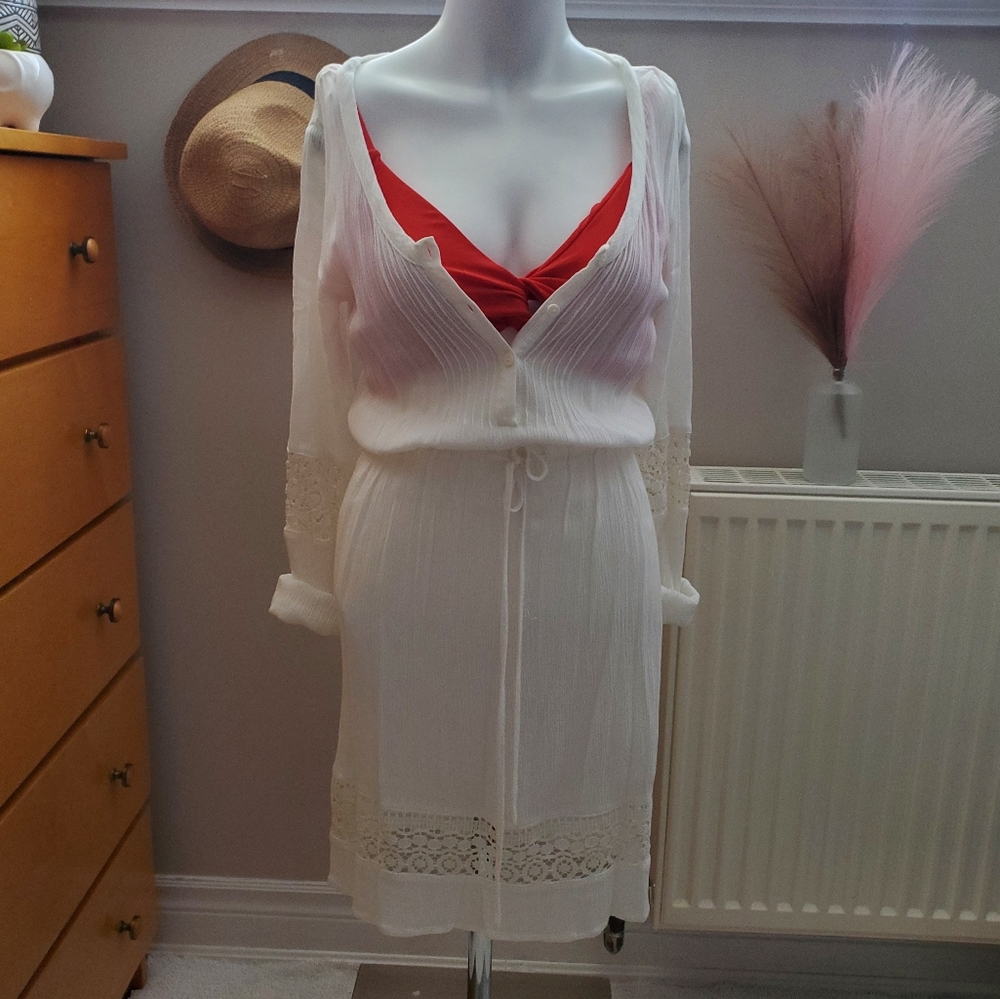 White Long Sleeved Cotton Beach Slip On Cover Up Dress